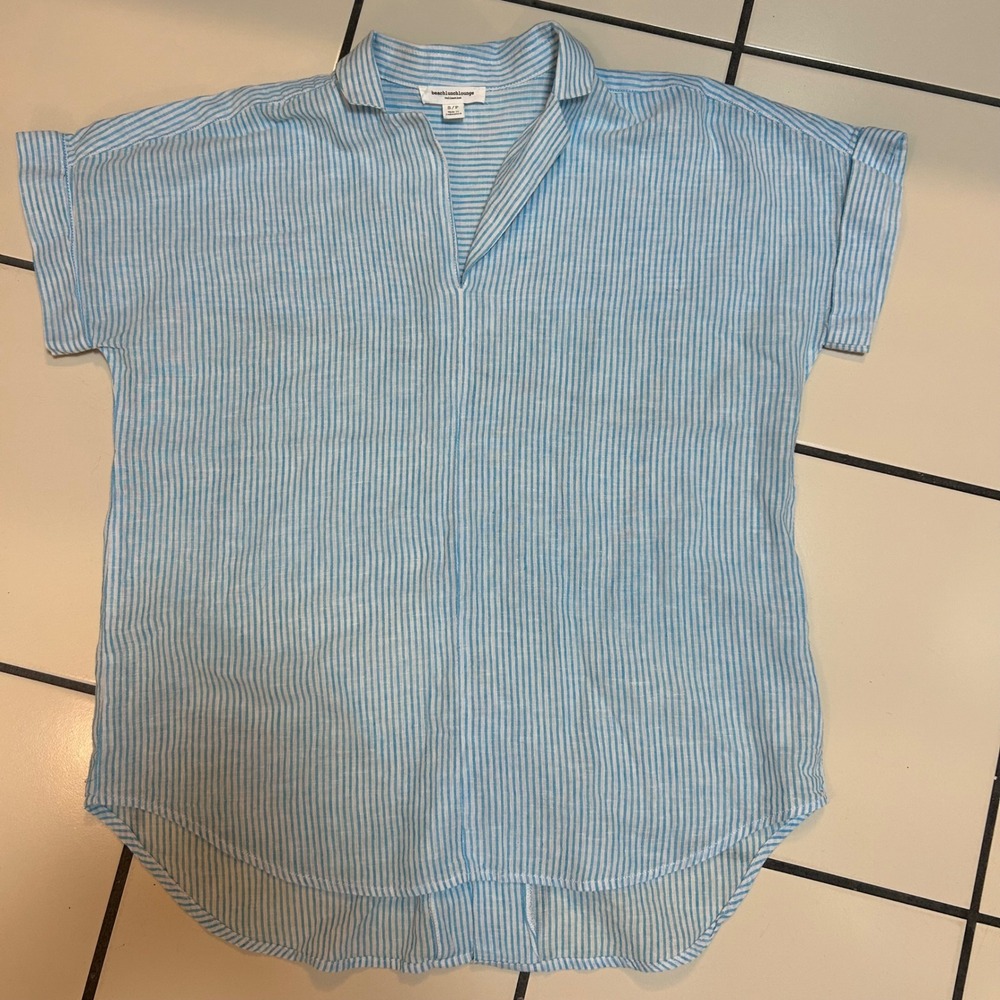 beachlunchlounge striped linen blend shirt women's S P light blue‎ vacay beach
